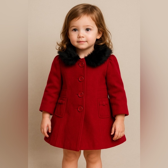 Janie and Jack Other - Janie and Jack Red Wool Peacoat w/ Faux Fur Collar (3–6M)